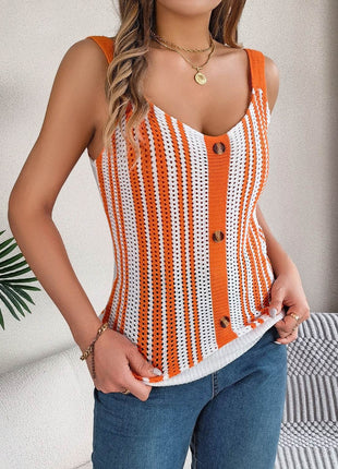 Openwork Striped V-Neck Tank - MimiStylez