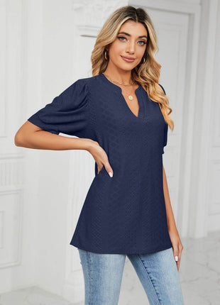 Eyelet Short Puff Sleeve Notched Neck Top - MimiStylez
