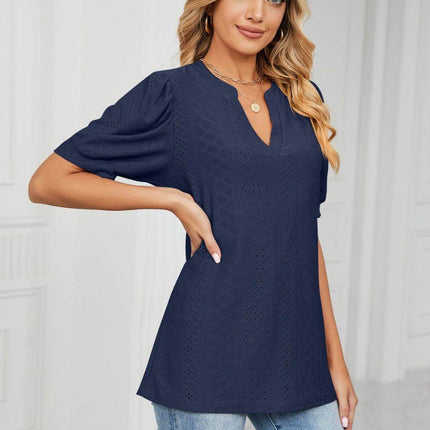 Eyelet Short Puff Sleeve Notched Neck Top - MimiStylez