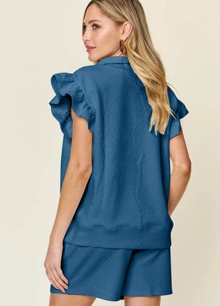 Double Take Full Size Texture Flounce Sleeve Top and Drawstring Shorts Set - MimiStylez