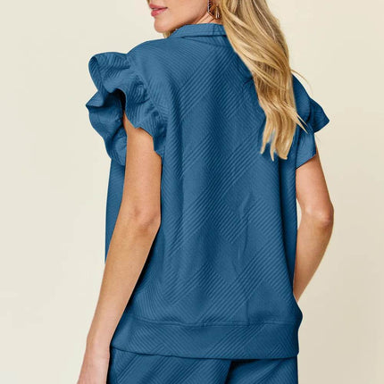 Double Take Full Size Texture Flounce Sleeve Top and Drawstring Shorts Set - MimiStylez