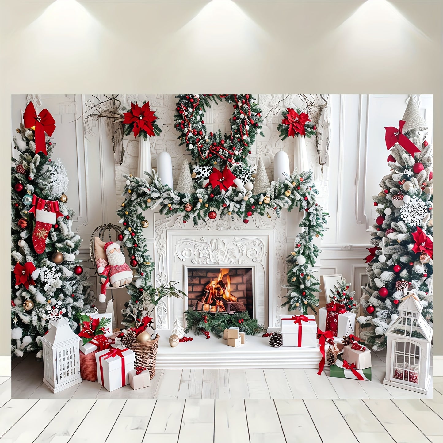 1pc White Christmas Fireplace Photo Background - Festive Holiday Photography Prop for Party Decorations, Photo Booths, and Christmas Celebrations - Durable, Waterproof, and Easy to Set Up