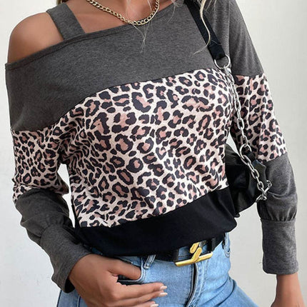 Leopard Print Color Block Cold Shoulder Top - MimiStylez