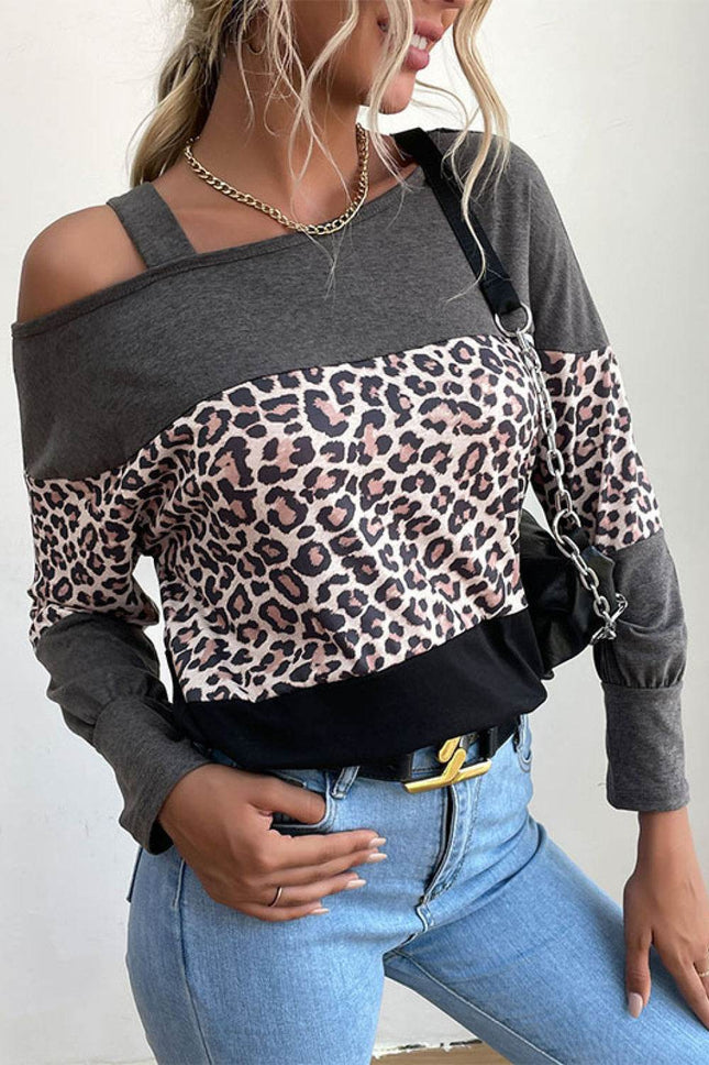 Leopard Print Color Block Cold Shoulder Top - MimiStylez