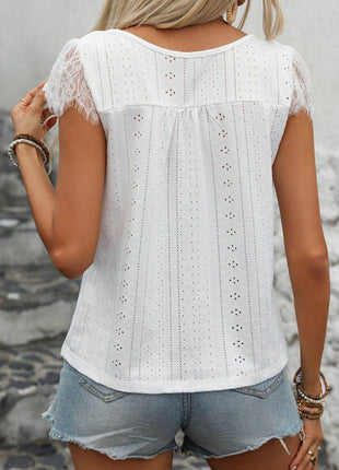 Eyelet Lace Detail V-Neck Cap Sleeve Top - MimiStylez