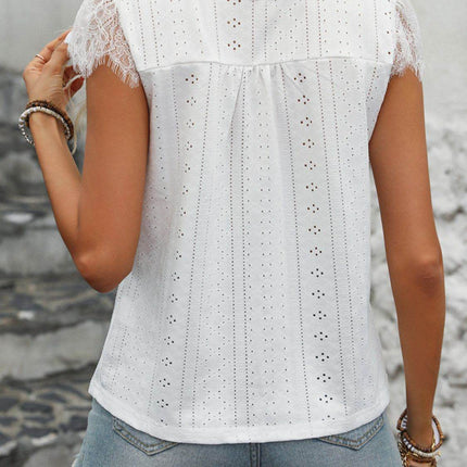 Eyelet Lace Detail V-Neck Cap Sleeve Top - MimiStylez