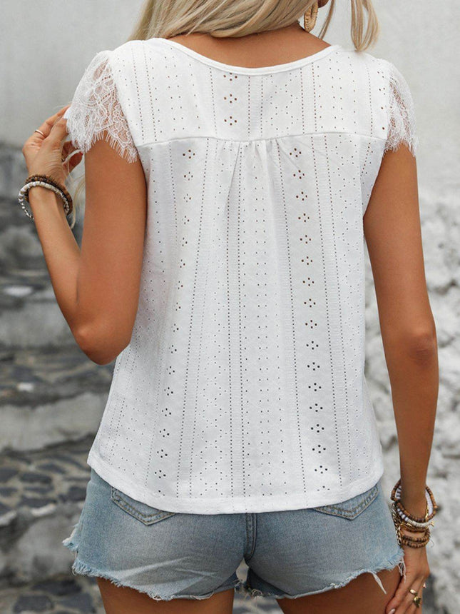 Eyelet Lace Detail V-Neck Cap Sleeve Top - MimiStylez