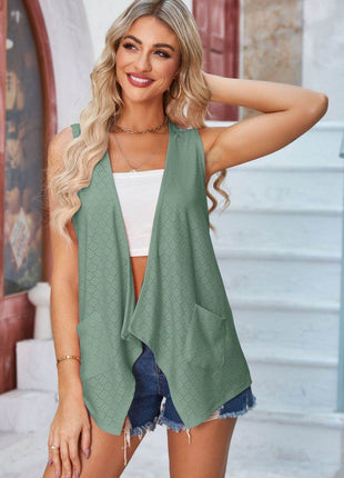 Eyelet Open Front Sleeveless Cardigan - MimiStylez