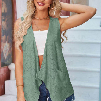 Eyelet Open Front Sleeveless Cardigan - MimiStylez