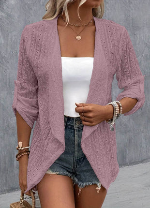 Eyelet Roll-Tab Sleeve Cardigan - MimiStylez