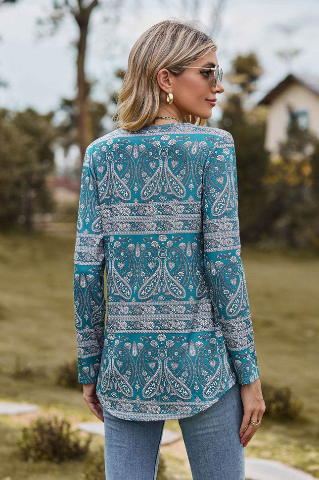 Printed Square Neck Long Sleeve Blouse - MimiStylez