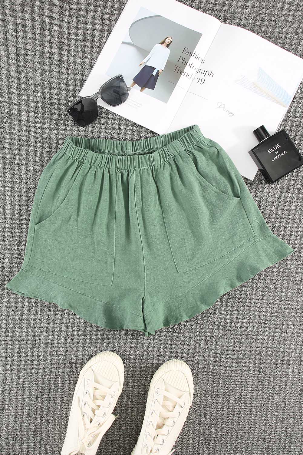 Khaki High Waist Pocketed Ruffle Shorts