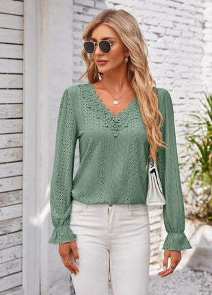 Applique V-Neck Flounce Sleeve T-Shirt - MimiStylez