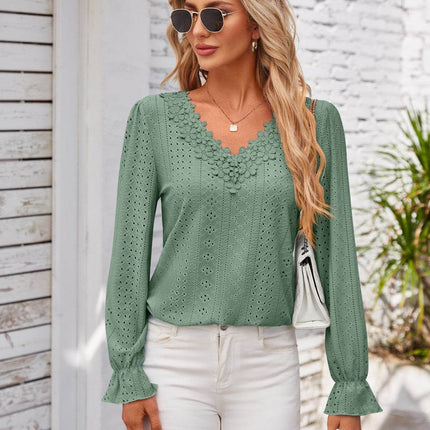 Applique V-Neck Flounce Sleeve T-Shirt - MimiStylez