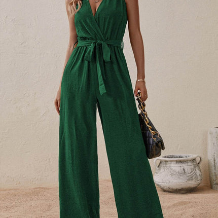 Tied Surplice Sleeveless Wide Leg Jumpsuit - MimiStylez