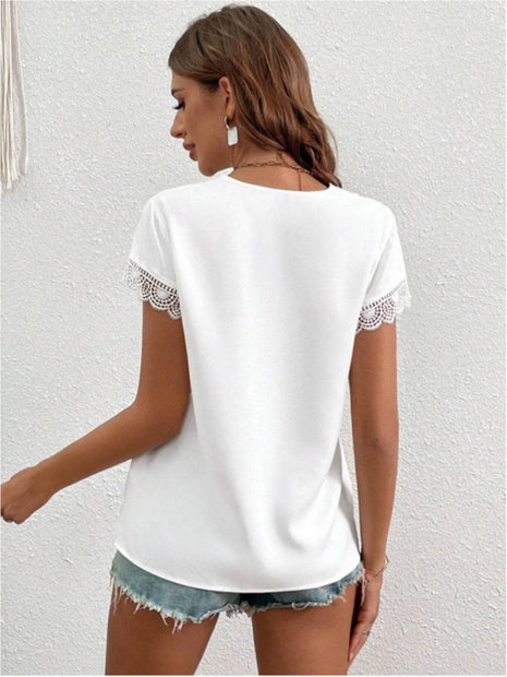 Lace Detail V-Neck Cap Sleeve Blouse - MimiStylez