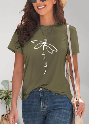 Dragonfly Graphic Round Neck Short Sleeve T-Shirt - MimiStylez
