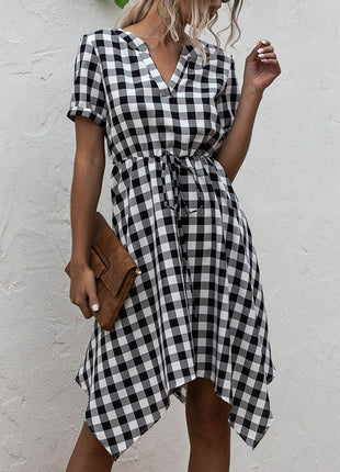Plaid Notched Short Sleeve Dress - MimiStylez