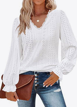 Eyelet V-Neck Flounce Sleeve Blouse - MimiStylez