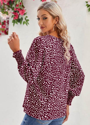 Printed V-Neck Lantern Sleeve Blouse - MimiStylez