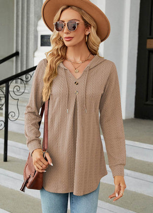 Decorative Button Drawstring Long Sleeve Hoodie - MimiStylez