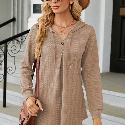 Decorative Button Drawstring Long Sleeve Hoodie - MimiStylez