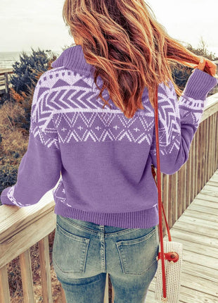 Zip-Up Mock Neck Dropped Shoulder Pullover Sweater - MimiStylez