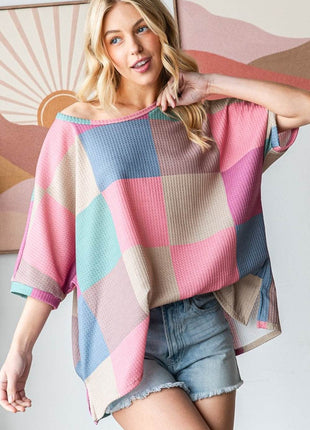 HOPELY Full Size Checkered Round Neck Side Slit T-Shirt - MimiStylez