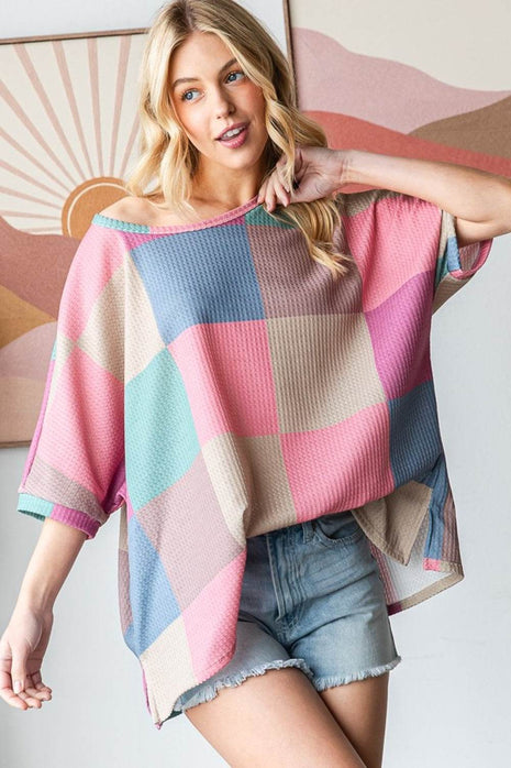 HOPELY Full Size Checkered Round Neck Side Slit T-Shirt - MimiStylez