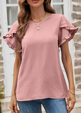 Textured Petal Sleeve Round Neck Tee - MimiStylez