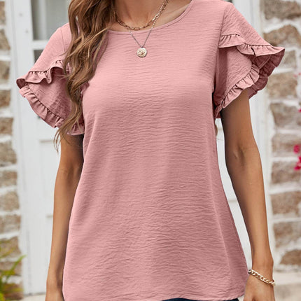Textured Petal Sleeve Round Neck Tee - MimiStylez