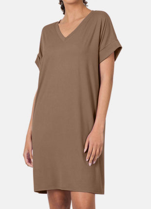 Zenana Rolled Short Sleeve V-Neck Dress - MimiStylez