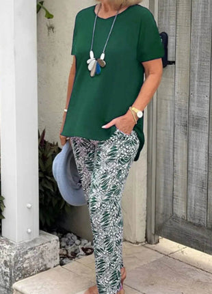 Full Size Round Neck Short Sleeve Top and Pants Set Plus Size - MimiStylez