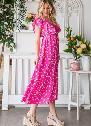 Reborn J Printed V-Neck Ruffle Trim Tiered Midi Dress - MimiStylez