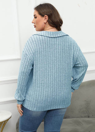 Plus Size Ribbed Collared Neck Long Sleeve Blouse - MimiStylez