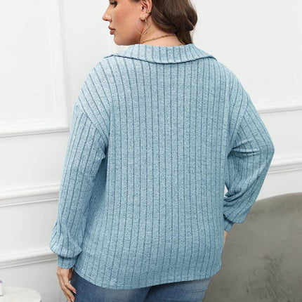 Plus Size Ribbed Collared Neck Long Sleeve Blouse - MimiStylez