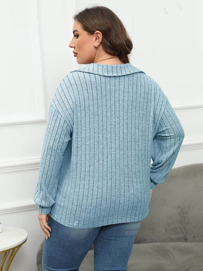 Plus Size Ribbed Collared Neck Long Sleeve Blouse - MimiStylez