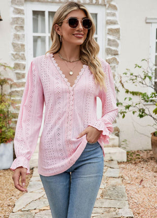 Eyelet Lace Trim Flounce Sleeve Blouse - MimiStylez