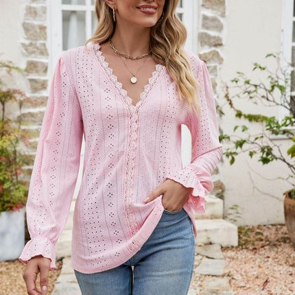 Eyelet Lace Trim Flounce Sleeve Blouse - MimiStylez