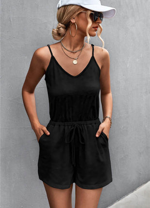 Spaghetti Strap V-Neck Pocket Romper - MimiStylez