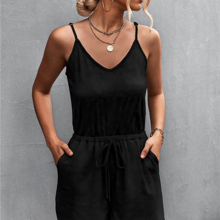 Spaghetti Strap V-Neck Pocket Romper - MimiStylez