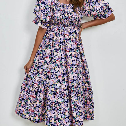 Smocked Floral Square Neck Short Sleeve Dress - MimiStylez