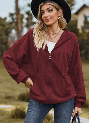 Drawstring Zip Up Dropped Shoulder Hoodie - MimiStylez