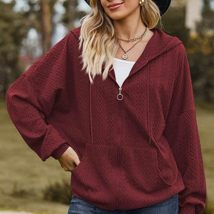 Drawstring Zip Up Dropped Shoulder Hoodie - MimiStylez