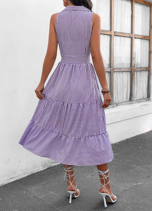 Striped Johnny Collar Sleeveless Midi Dress - MimiStylez