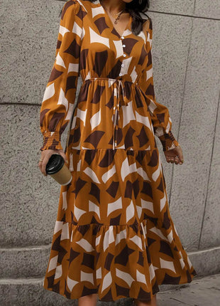 Perfee Printed Tied Pocketed Lantern Sleeve Dress - MimiStylez