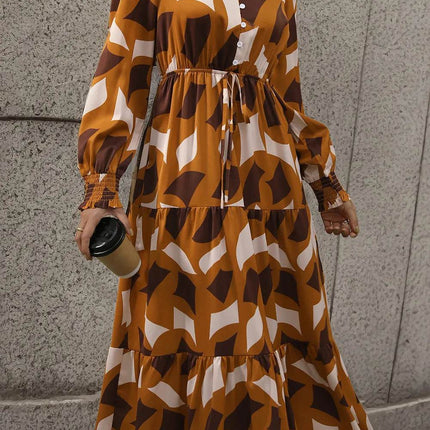 Perfee Printed Tied Pocketed Lantern Sleeve Dress - MimiStylez