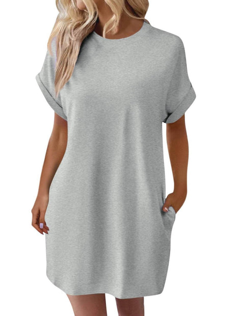 Round Neck Short Sleeve Mini Dress - MimiStylez