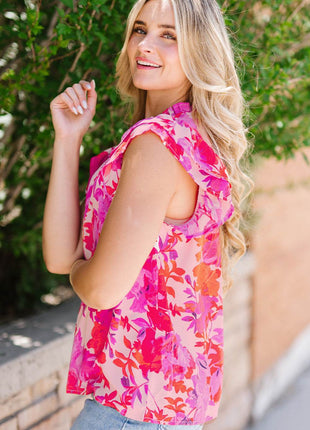 Frill Floral Mock Neck Cap Sleeve Blouse - MimiStylez