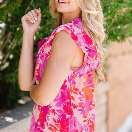 Frill Floral Mock Neck Cap Sleeve Blouse - MimiStylez